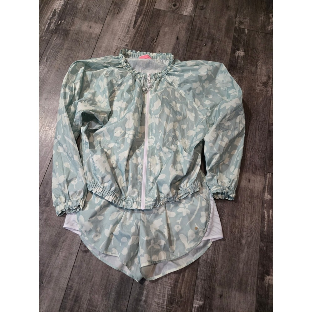 Kate Spade Windbreaker Active Set Jacket & Shorts Floral Splash Pattern Mint Sm